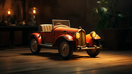 Vintage car on the wooden floor. 3d render illustration.の素材