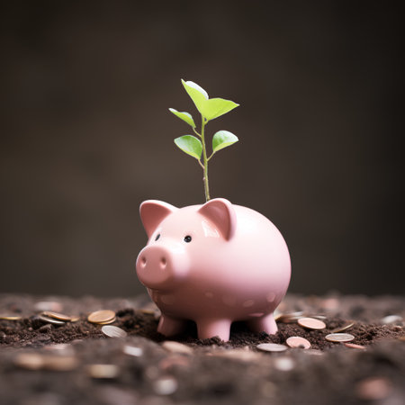 Piggy bank with plant growing out of the soil on brown backgroundの素材