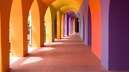 Colored corridor with arches in the park. 3d renderingの素材