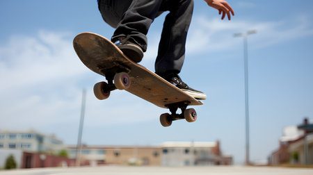 Skateboarder riding a skateboard in a skate park.の素材