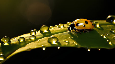 ladybug on a blade of grass with dew drops close upの素材