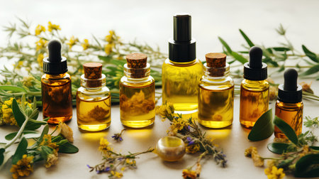 Essential oil in small glass bottles with fresh herbs. Selective focus.の素材