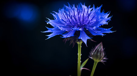 Blue cornflower on a black background with dew drops close upの素材