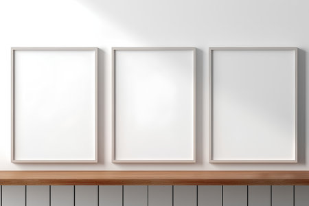 Three empty frames on a white wall. Mock up. Vector illustrationの素材