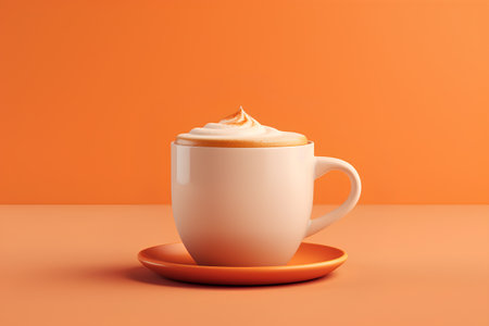 Cup of coffee with whipped cream on orange background. 3d illustrationの素材