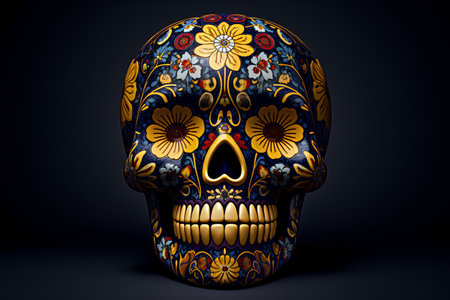 3d illustration of golden sugar skull with floral ornament on black backgroundの素材