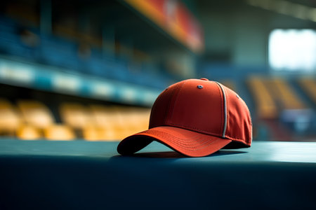 Red baseball cap on the table in the stands of the stadium.の素材