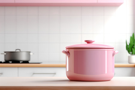 3d render of a pink pot on a table in a modern kitchenの素材