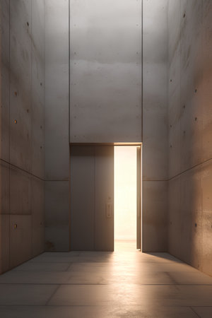 3d rendering of an open door in a concrete room with lightの素材