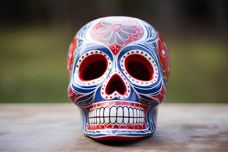 Mexican sugar skull on wooden table in front of blurred background.の素材