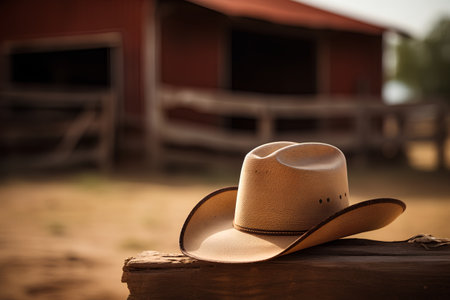 Cowboy hat on a wooden board in front of an old barnの素材