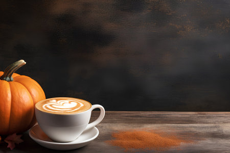 Pumpkin latte art on old wooden table with copy spaceの素材