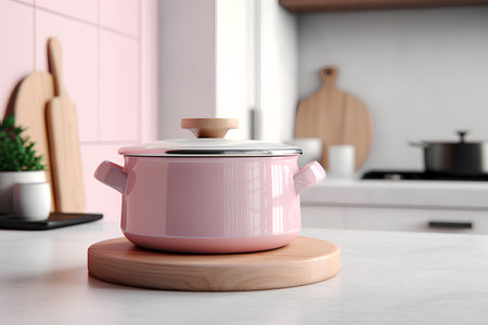 Pink enamel saucepan on white marble table in modern kitchen. 3d renderingの素材