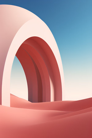 3D illustration of red arch in the desert. Abstract background.の素材