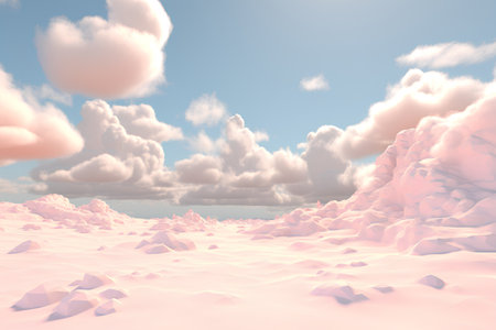 3D Rendering of a snowy landscape with clouds and blue skyの素材