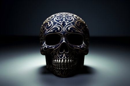 Skull with ornamental pattern on dark background. 3d illustrationの素材