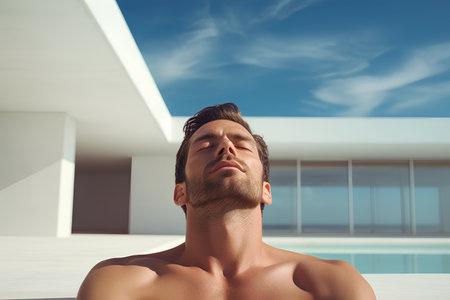 Portrait of a handsome young man relaxing by the swimming pool.の素材