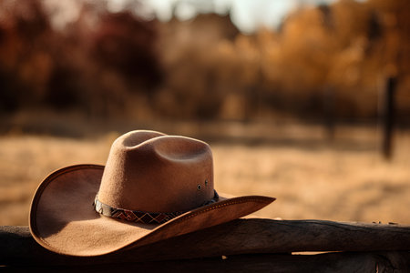 Cowboy hat on a wooden fence in the autumn forest. Toned.の素材