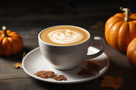 Cup of coffee with latte art and pumpkins on wooden backgroundの素材
