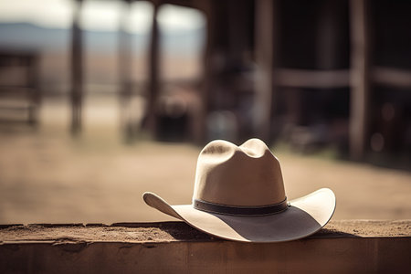 Cowboy hat on a fence in a western setting. Vintage style.の素材