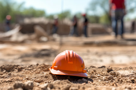 Orange hard hat on a construction site. Selective focus with shallow depth of fieldの素材