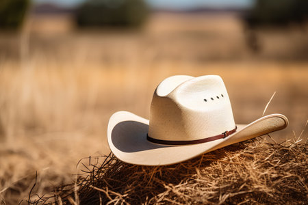 Cowboy hat on haystack in the field. Rural scene.の素材