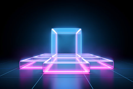 Neon square podium on dark background. 3D rendering. Neon square podium.の素材