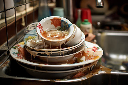 Pile of dirty dirty dishes in kitchen sink. Selective focusの素材