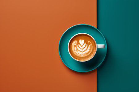 Cup of coffee with latte art on orange and green backgroundの素材