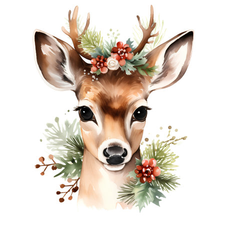 Beautiful watercolor portrait of a young deer with Christmas wreathの素材