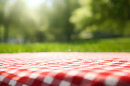 Red tablecloth on green grass background. Empty space for your design.の素材