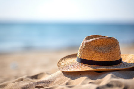 Straw hat on the beach. Selective focus. nature.の素材