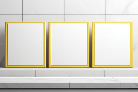 Three vertical golden frames on a white tile wall. 3d renderの素材