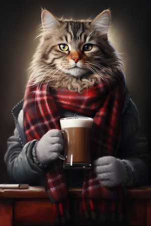 Cute Maine Coon cat in winter clothes with a cup of coffee.の素材