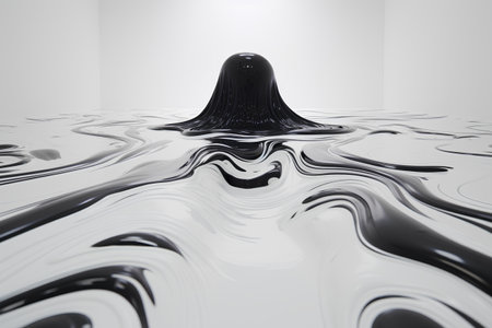 3d render of a black liquid in a white room with reflectionsの素材