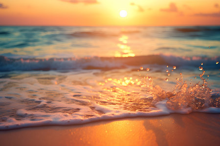 Sunset on the beach. Sea waves and sand. Soft focusの素材