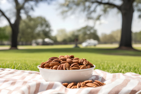Pecan nuts in a bowl on a green grass in the parkの素材