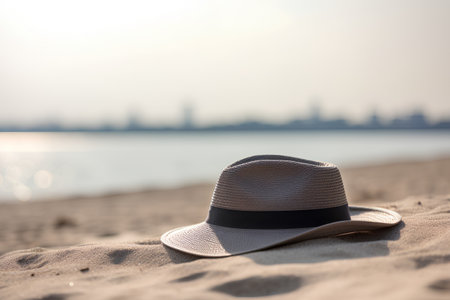 Straw hat on the sand near the river. Vacation conceptの素材