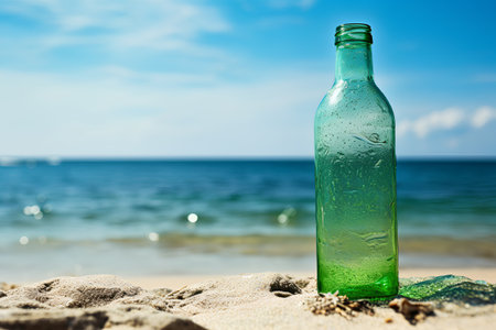 Bottle of beer on the beach. Conceptual image. Copy space.の素材