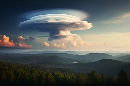 Fantasy landscape with clouds in sky over the mountains. 3d renderの素材