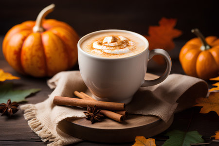 Pumpkin latte with cinnamon and star anise on wooden backgroundの素材