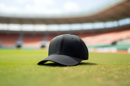 Baseball cap on the green field with blurred background of stadium.の素材