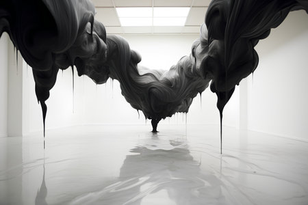 3d illustration of black paint flowing in a room with white wallsの素材