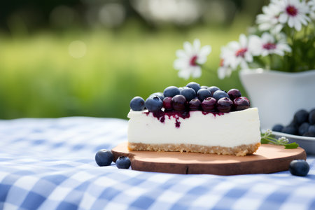 Cheesecake with fresh blueberries on a wooden board in a gardenの素材