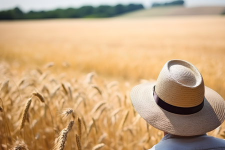 Rear view of man in straw hat standing in wheat field.の素材