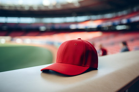 Baseball cap on the background of the stadium. Close-upの素材