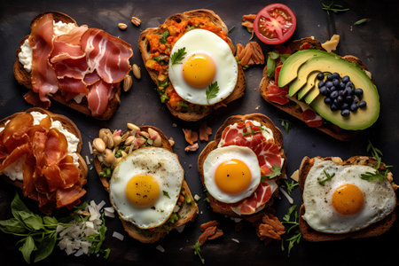 Variety of sandwiches with fried eggs, prosciutto, avocado, tomatoes and arugula on dark backgroundの素材