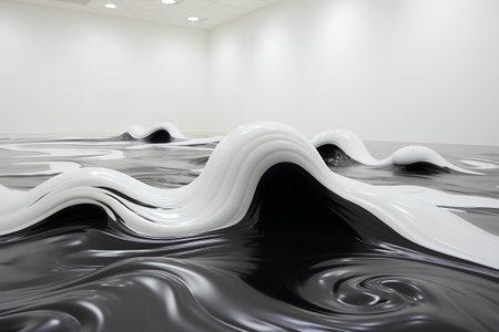 3d rendering of white and black background with abstract waves in the roomの素材