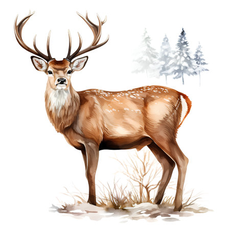 Deer in winter forest. Watercolor hand drawn illustration isolated on white backgroundの素材