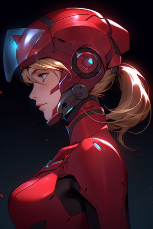3D rendering of a female robot in red on a dark backgroundの素材